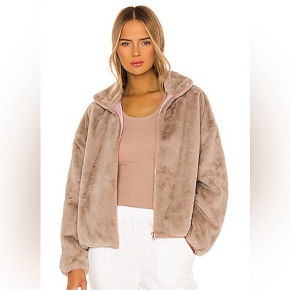 SPIRITUAL GANGSTER Indy Faux Rabbit Fur Zip‎ Front Bomber Jacket Rose Gold Large